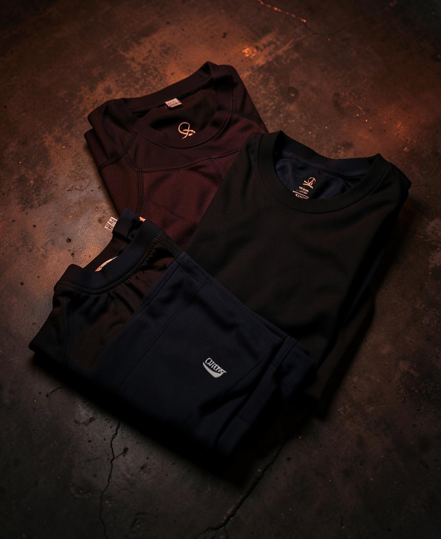 Folded new-season FINISHER garments on dark concrete