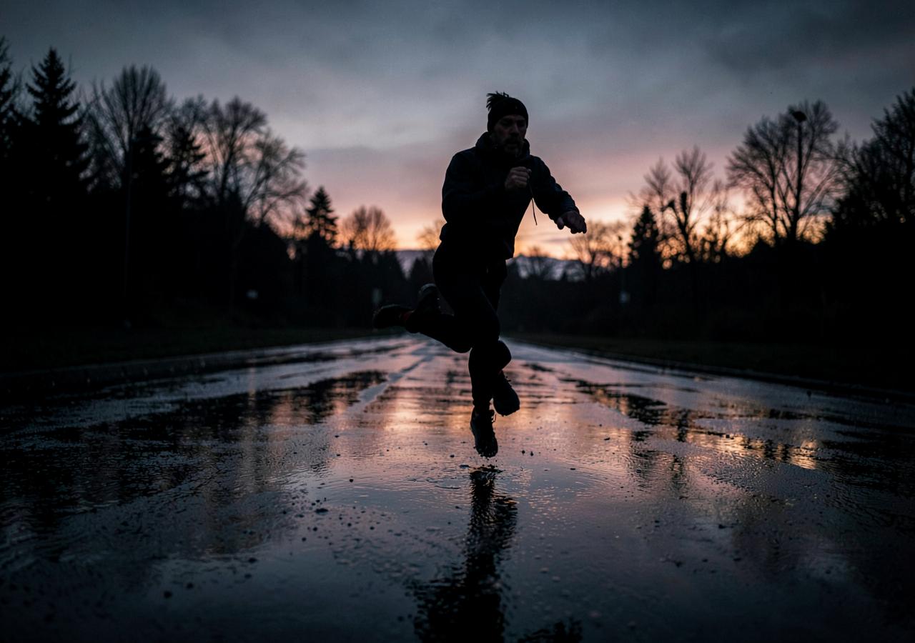 Runner training at dawn on wet pavement