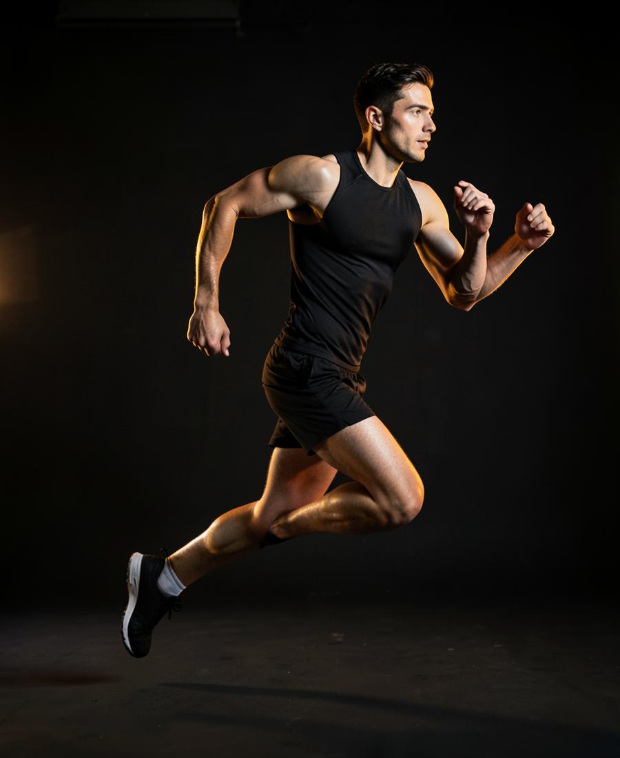 Runner mid-stride in FINISHER training shorts