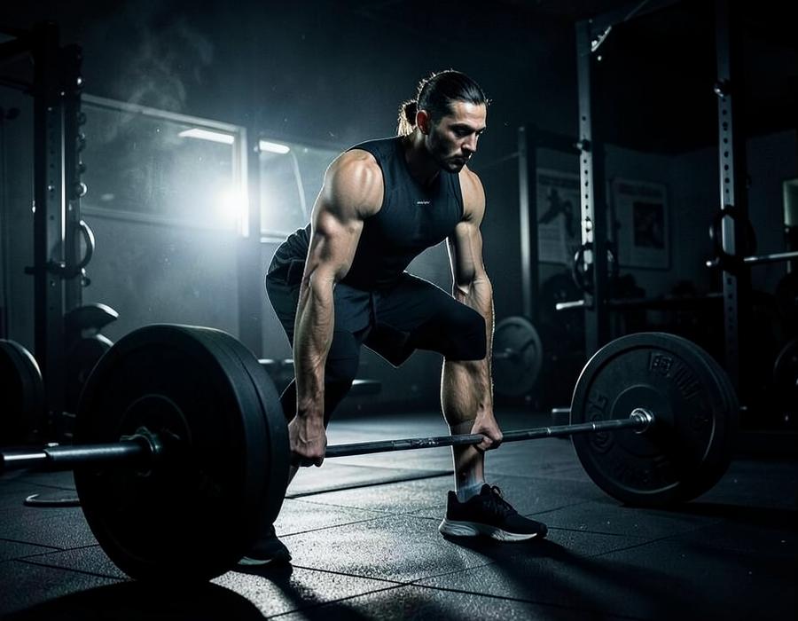 Athlete deadlifting in a dark gym