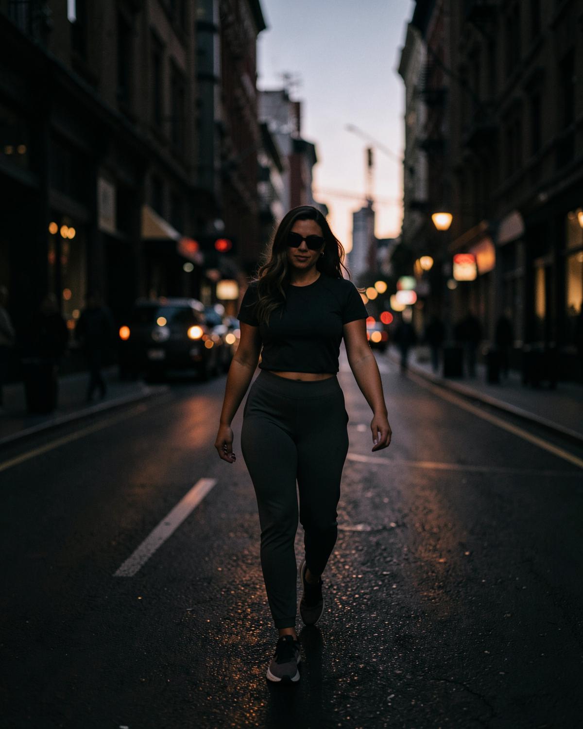 Woman walking a city street at dusk in soft activewear