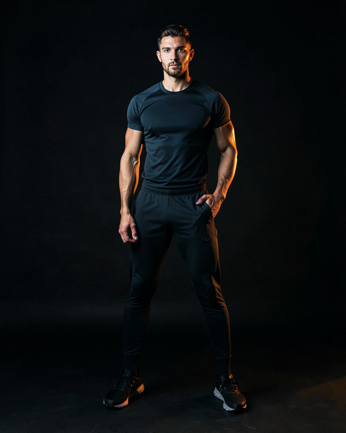 Athlete in new season activewear against a dark backdrop