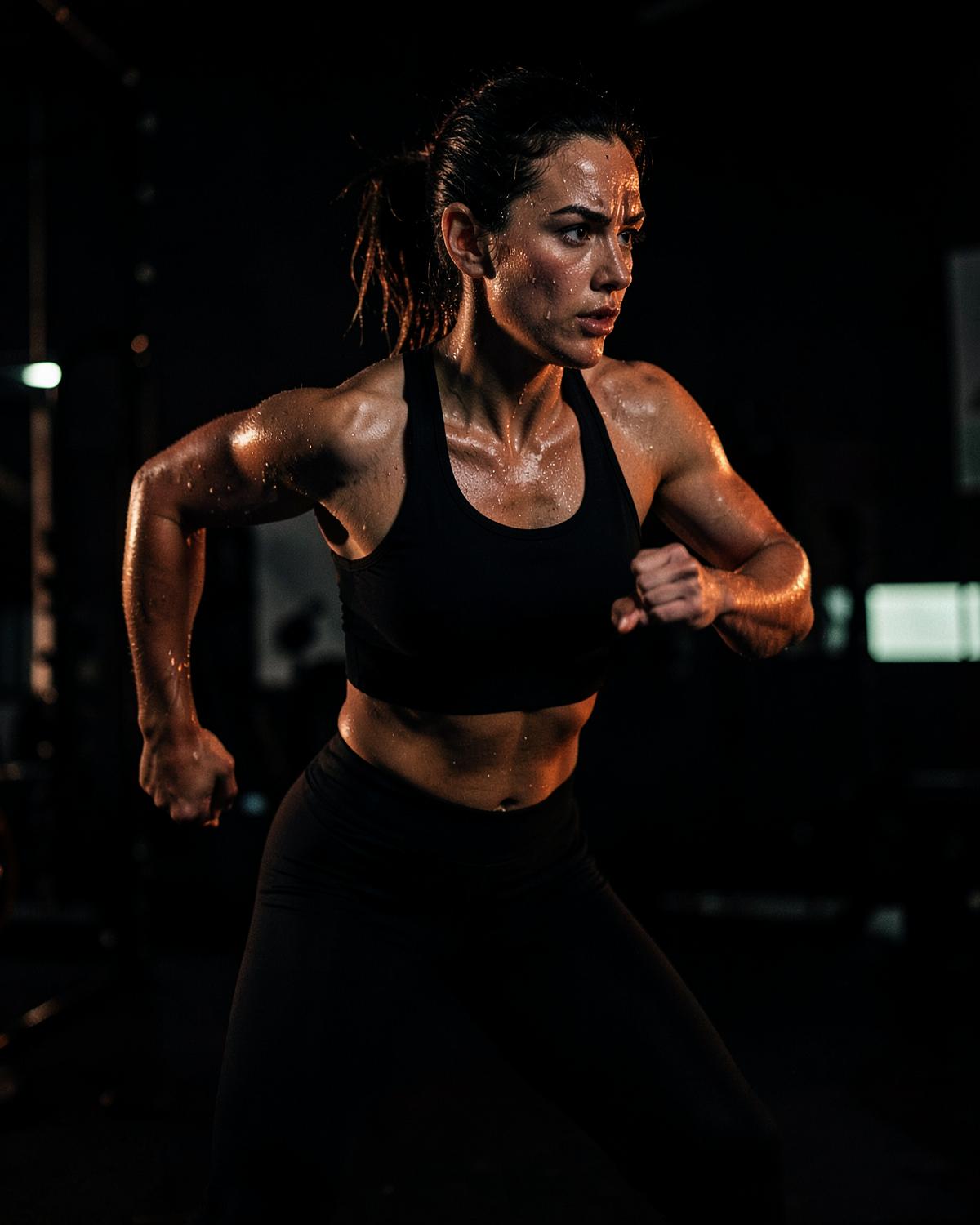 Athlete training hard in low gym light